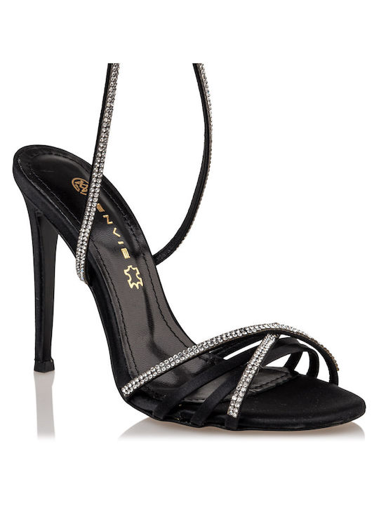 Envie Shoes Υφασμάτινα Γυναικεία Πέδιλα με Λεπτό Ψηλό Τακούνι σε Μαύρο Χρώμα