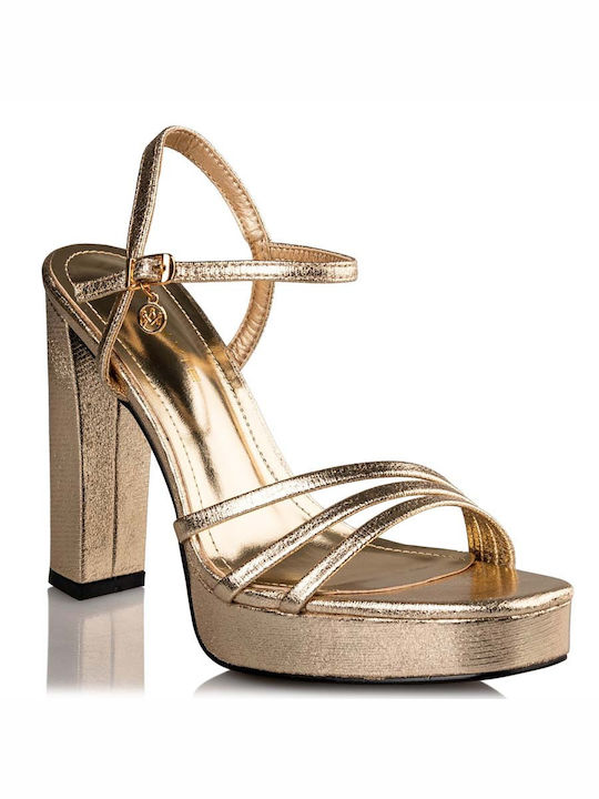 Envie Shoes Γυναικεία Πέδιλα με Χοντρό Ψηλό Τακούνι σε Χρυσό Χρώμα