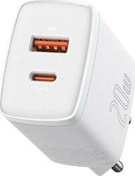 Baseus Încărcător fără cablu cu port USB-A și port USB-C 20W Livrarea energiei / Încărcare rapidă 3.0 Alb (Compact)