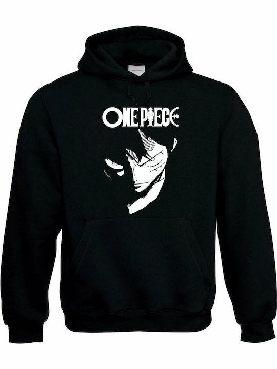 One Piece Luffy B/W Φούτερ με Κουκούλα σε Μαύρο χρώμα