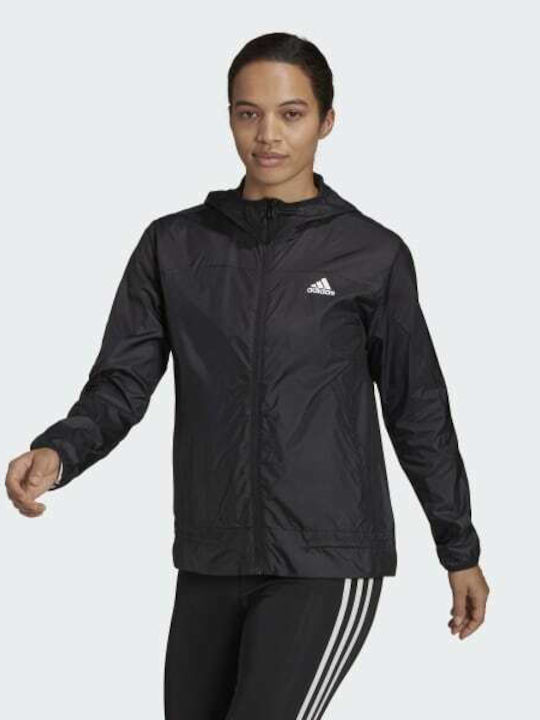 Adidas Aeroready Logo Women's Running Short Sports Jacket Windproof for Winter with Hood Black