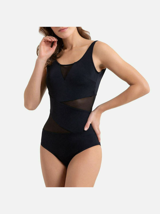 Anne Weyburn Wide Strap Padded Swimsuit with Mesh Black