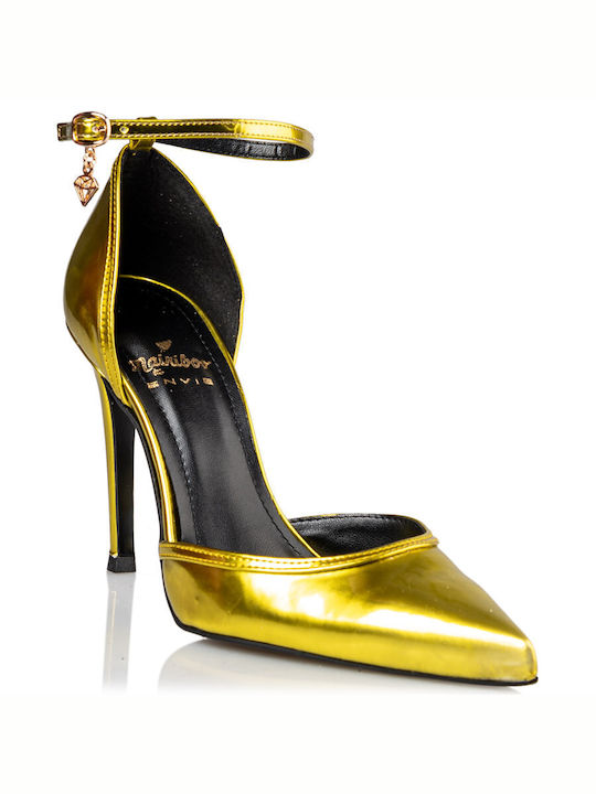 Envie Shoes Patent Leather Pointed Toe Yellow Heels with Strap