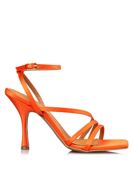 Envie Shoes Платнени Дамски сандали с Тънък Високи Токчета в Оранжев Цвят
