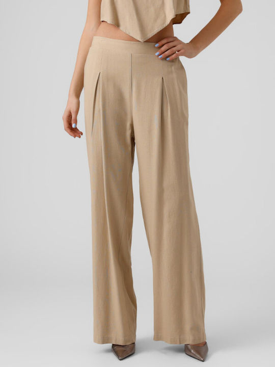 Vero Moda Women's High Waist Fabric Trousers in Wide Line Beige