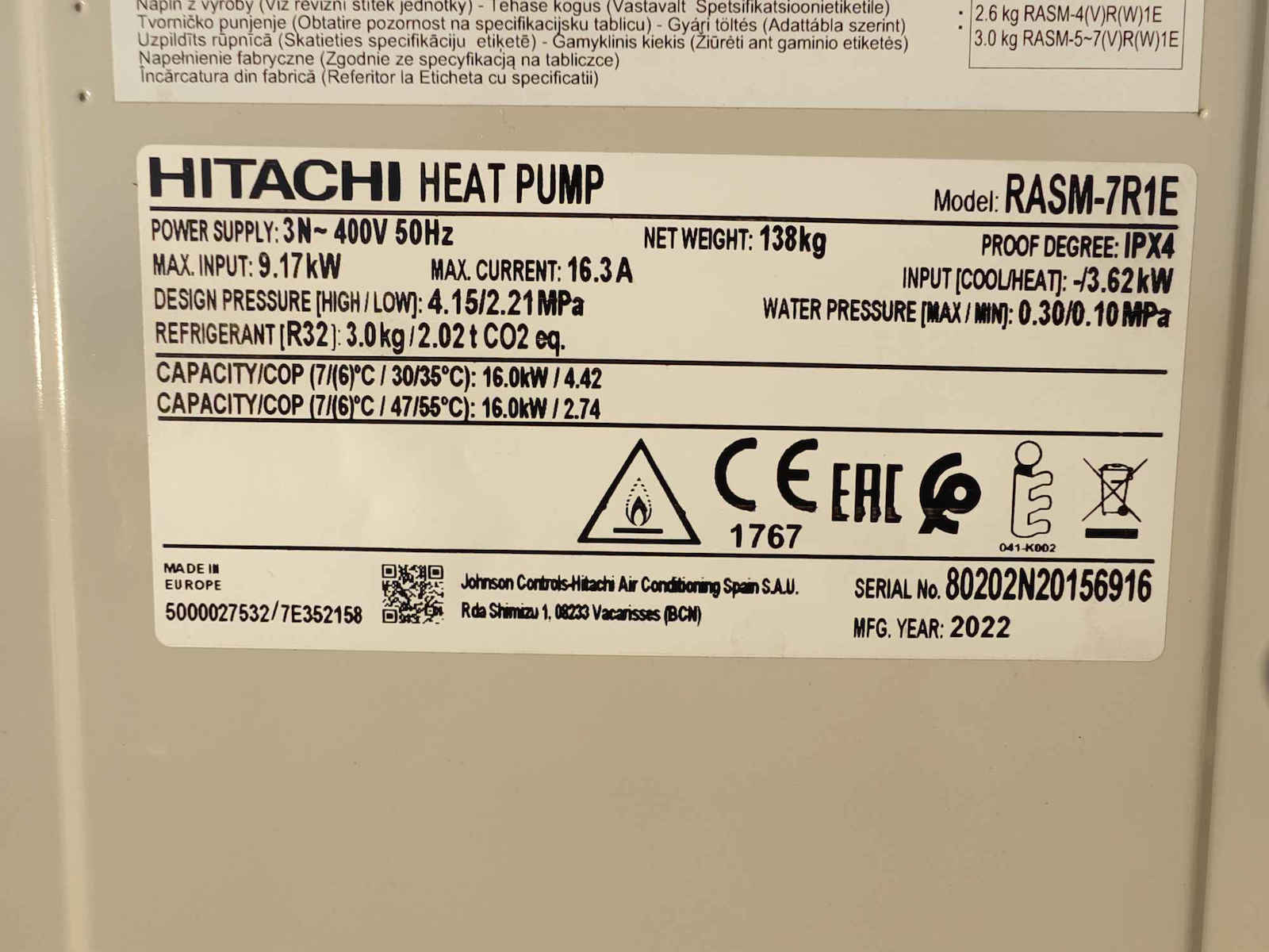 Hitachi Pompa de căldură 16kW Trei faze 60°C Monoblock