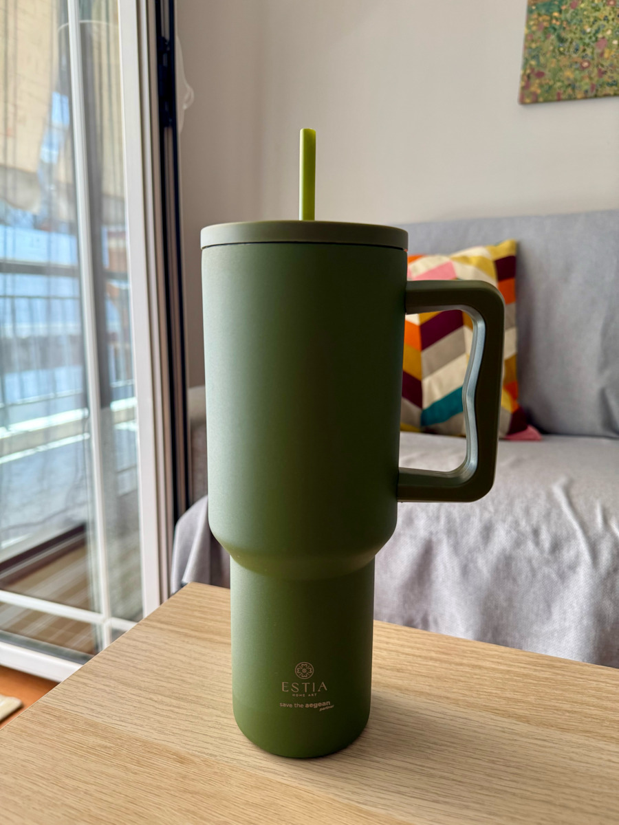 Estia Straw Tumbler XL Save the Aegean Ανακυκλώσιμο Handled Tumbler Θερμός Ανοξείδωτο BPA Free 900ml Lavender Purple με Καλαμάκι και Λαβή