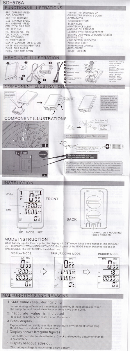 Sunding SD576A Waterproof Wired Bicycle Computer
