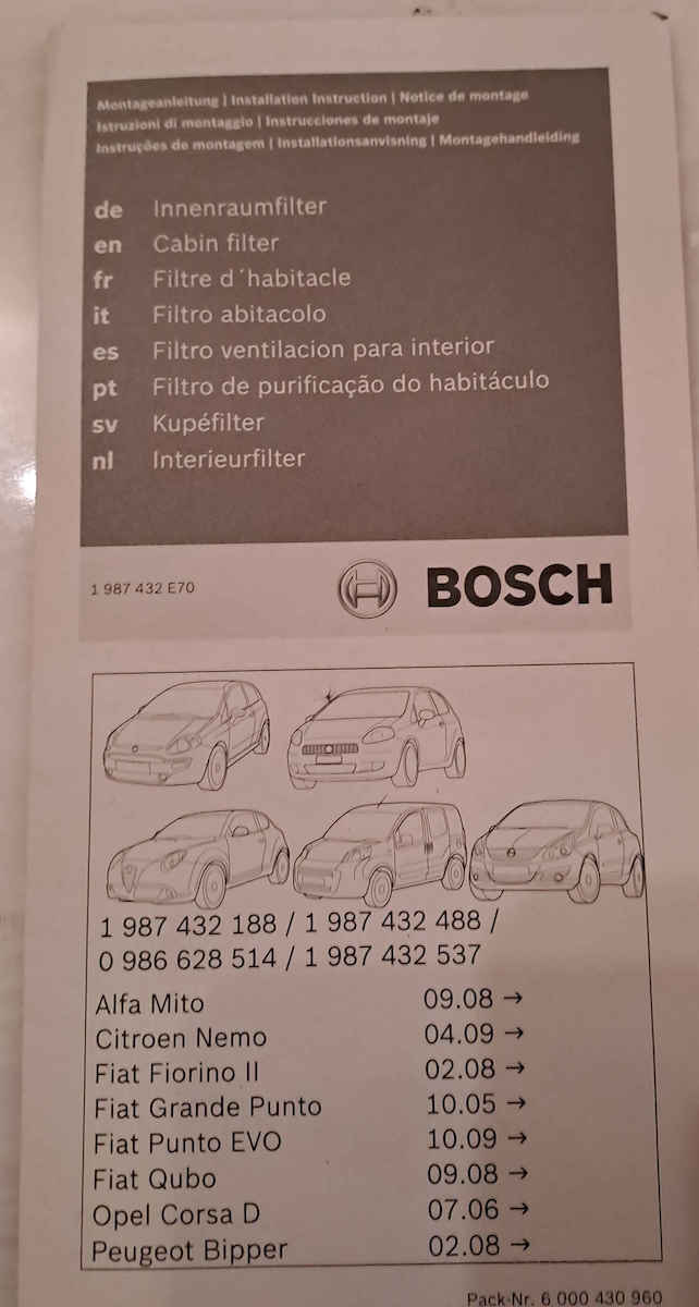 Bosch Activated Carbon Cabin Filter Alfa Romeo Mito Fiat Grande Punto / Punto Opel Corsa