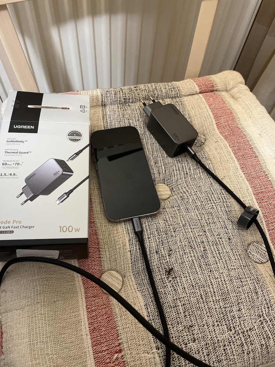 Ugreen Charger GaN with USB-A Port and 2 USB-C Ports and Cable USB-C - USB-C 100W Power Delivery / Quick Charge 4+ Gray (Nexode Pro)