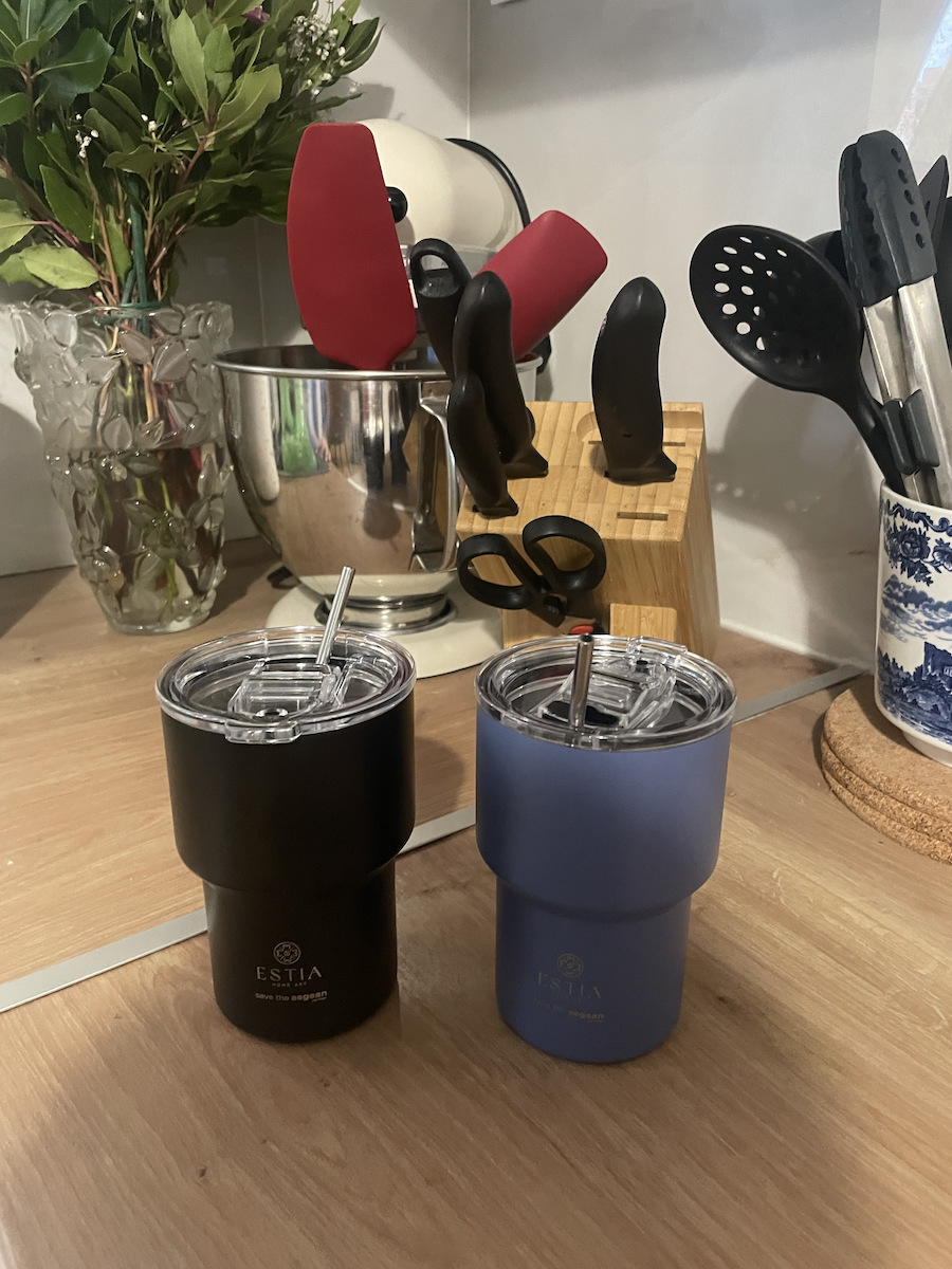 Estia Coffee Mug Lite Save The Aegean Recyclable Glass Thermos Stainless Steel BPA Free 400ml Denim Blue with Straw