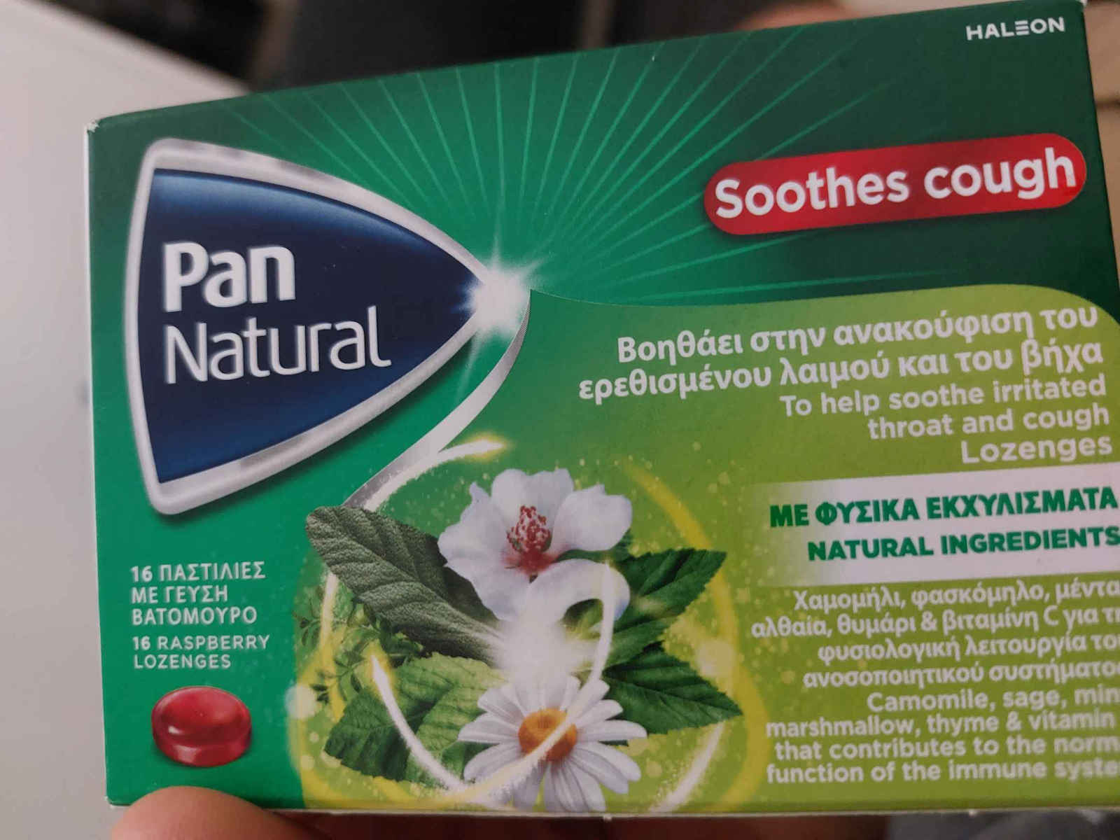 Haleon Pan Natural Lozenges for Natural Relief from Irritated Throat and Cough with Raspberry Flavor 16 Pieces