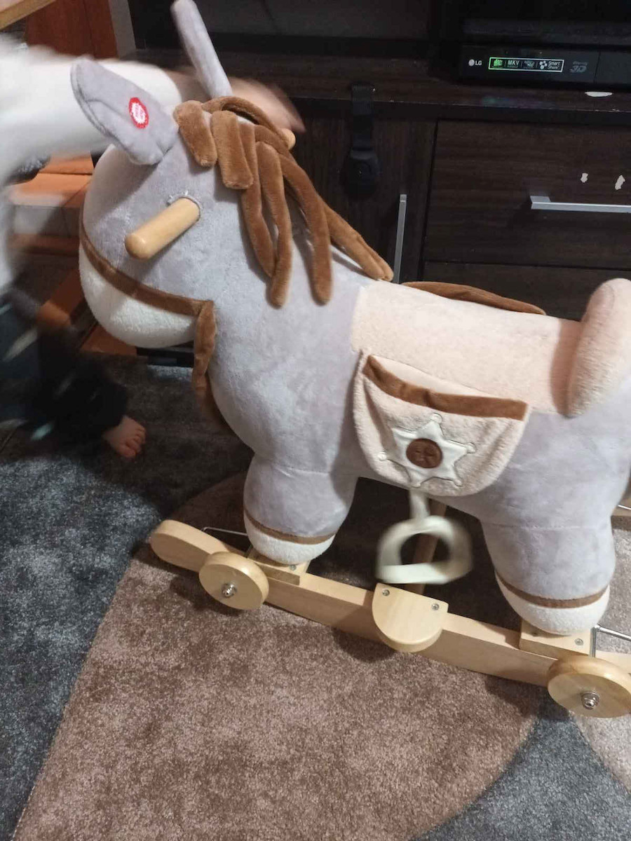 Moni Dulcinea Fabric Rocking Toy Donkey for 24+ months with Sounds, Music & Wheels with Max Load Capacity 20kg Gray