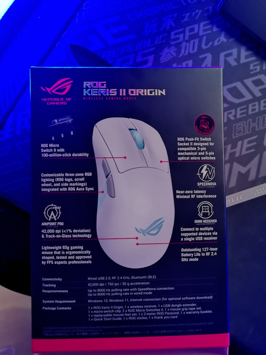 Asus ROG Keris II Origin Ασύρματο Gaming Ποντίκι 42000 DPI Moonlight White
