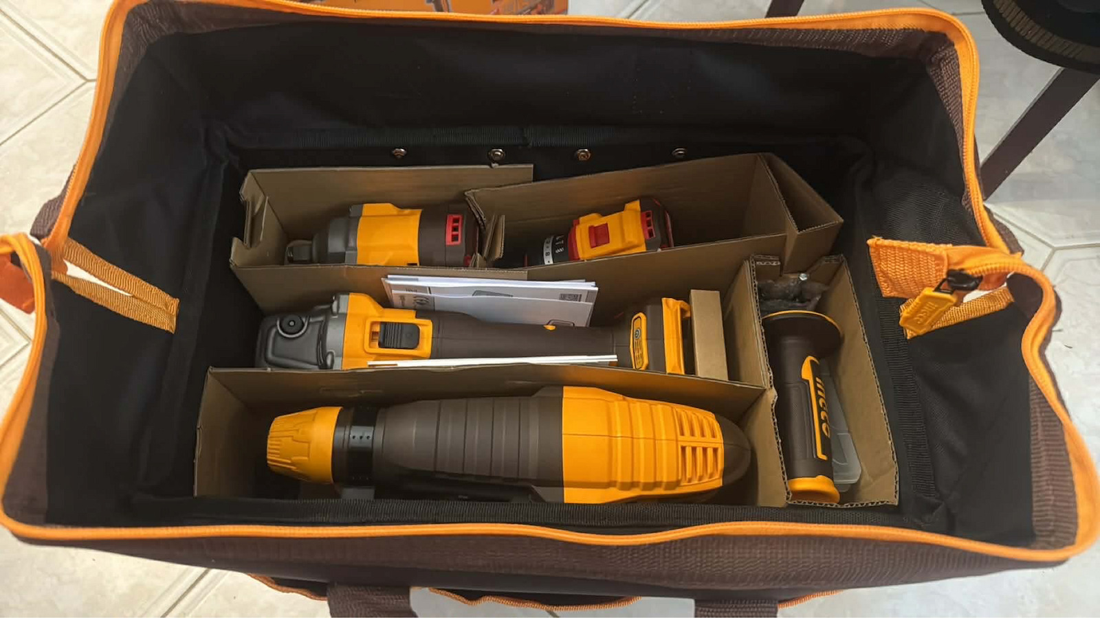 Ingco Set Angle Wheel & Impact Drill Driver & Impact Driver & Hammer & Lens Brushless 20V with 2 Batteries 4Ah and Case