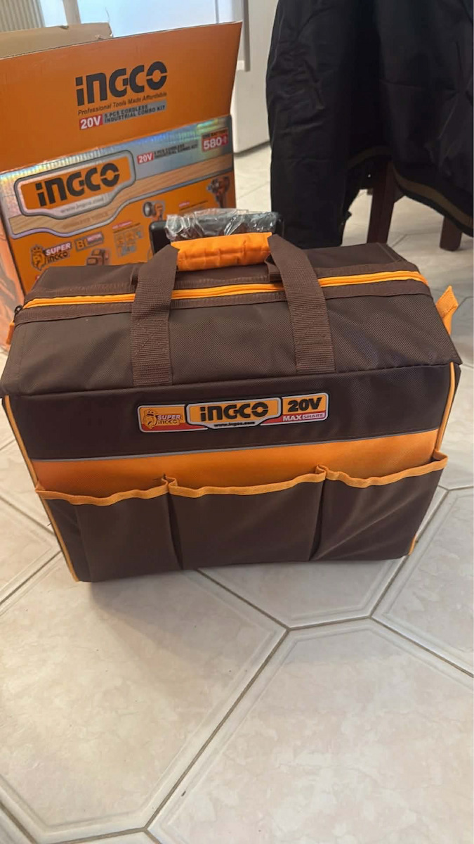Ingco Set Angle Wheel & Impact Drill Driver & Impact Driver & Hammer & Lens Brushless 20V with 2 Batteries 4Ah and Case