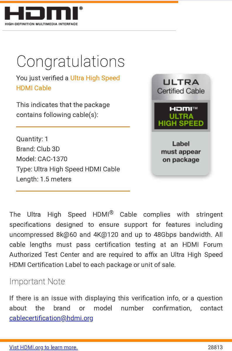 Club3D HDMI 2.1 Ultra High Speed 48Gbps 4K 120Hz HDR VRR Cable HDMI Male - HDMI Male 1.5m Black