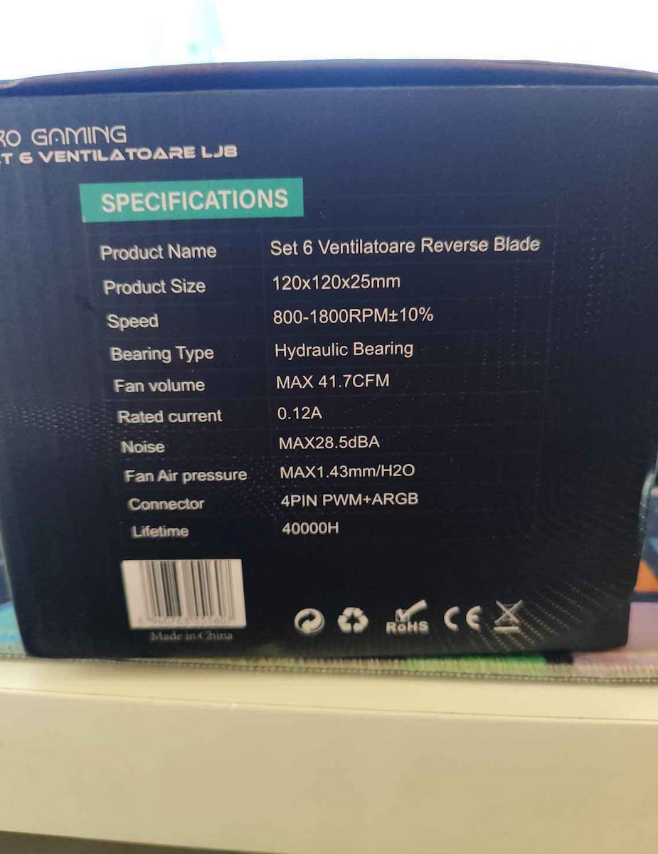 ProGaming PGRLJ8 Ventilator Pentru Carcasă Lamă Inversată 120mm (1800rpm / 41.7cfm) cu Iluminare ARGB și Conexiune 4-Pin PWM 6 buc + Controler PWM / Telecomandă
