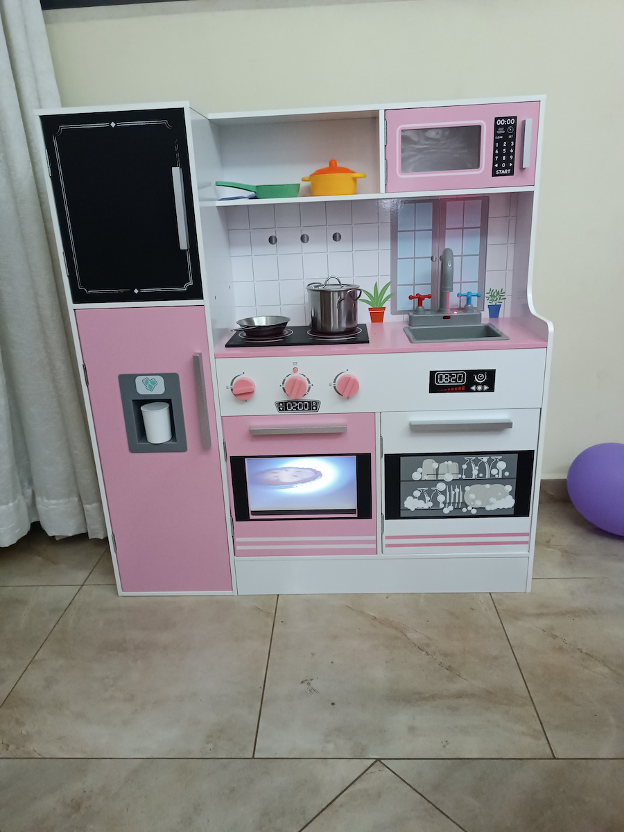 Ehome Детска Кухня от Дърво Дървена Детска Кухня Розова Игра на Имитация размери 90x95x29CM