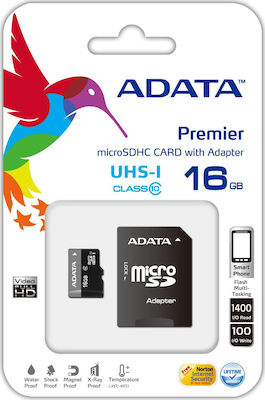Adata AUSDH16GUICL10-RA1 microSDHC 16GB Class 10 U1 UHS-I με αντάπτορα
