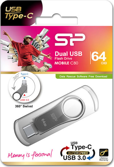 Silicon Power Mobile C80 64GB USB 3.1 Stick με σύνδεση USB-C Γκρι