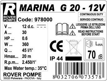 Rover Pompe Novax Marina G20 Transfer Pump with 3/4" Inlet and 0.6hp Horsepower 12V