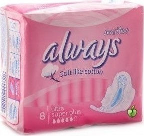 Always Sensitive Ultra Super Plus Hygienepads mit Flügeln für Starke Strömung 5 Tropfen Größe 2 8Stück