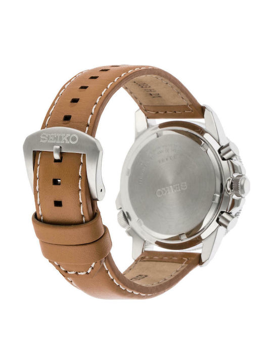 Seiko Ανδρικό Ρολόι 42mm Χρονογράφος Solar με Καφέ Δερμάτινο Λουράκι