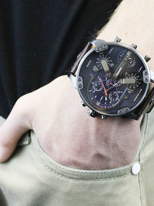 Diesel Ανδρικό Ρολόι 57mm Χρονογράφος Μπαταρίας με Καφέ Δερμάτινο Λουράκι