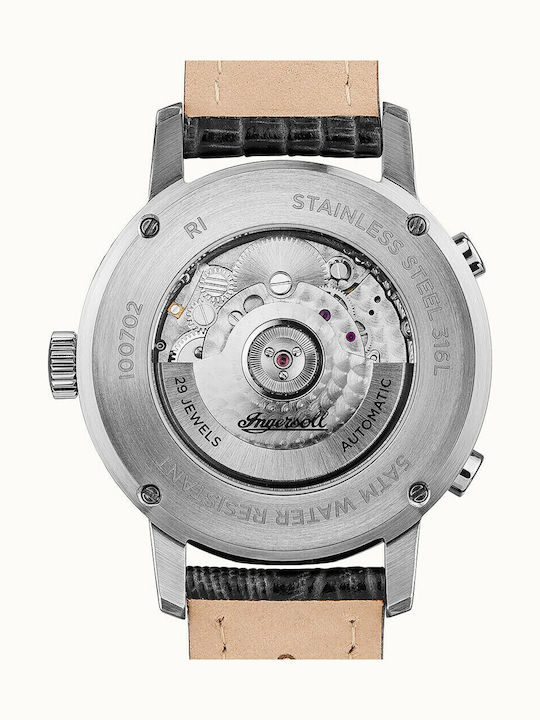 Ingersoll Grafton Automatic Ανδρικό Ρολόι 42mm Χρονογράφος Αυτόματο με Μαύρο Δερμάτινο Λουράκι