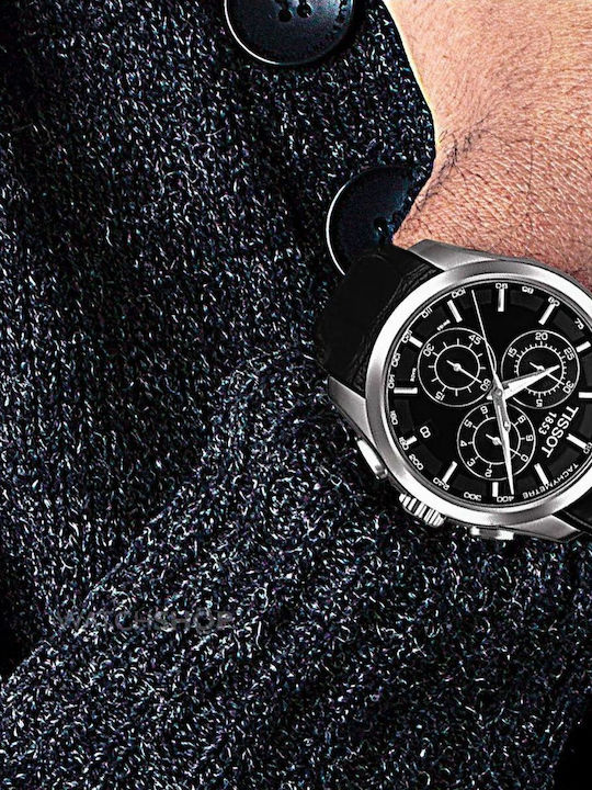 Tissot Couturier Herrenuhr 44mm Chronograph Batterie mit Schwarz Lederarmband