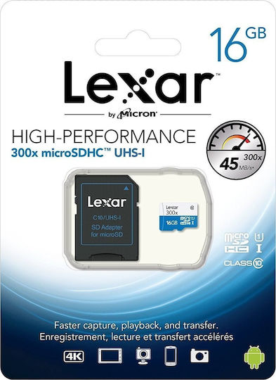 Lexar High-Performance 300x microSDHC 16GB U1 UHS-I 45MB/s With Adapter