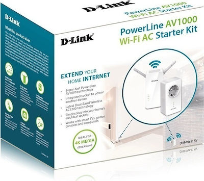 D-Link DHP-W611AV Powerline für kabellose Verbindung Wi‑Fi 5 mit Durchgangssteckdose Steckdose und Anschluss Gigabit Ethernet