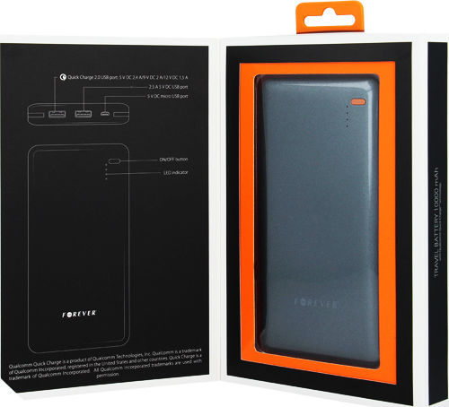 Forever PTB-03 Power Bank 10000mAh με 2 Θύρες USB-A Quick Charge 2.0 Μαύρο