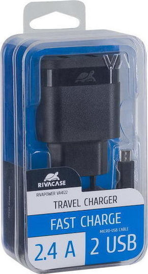 Rivacase Φορτιστής με 2 Θύρες USB-A και Καλώδιο micro USB Μαύρος (VA4122 BD1)