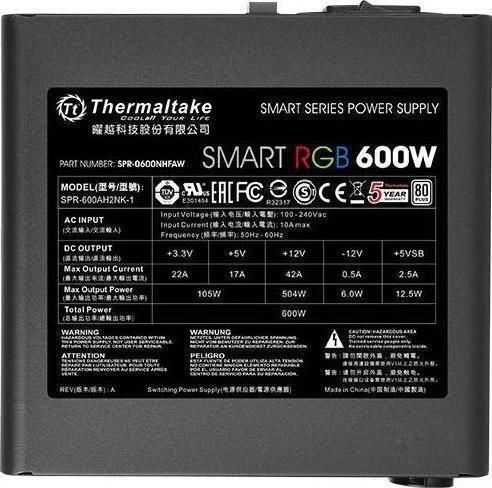 Thermaltake Smart RGB 600W Черен Компютърно захранване Пълен кабел 80 Plus Standard