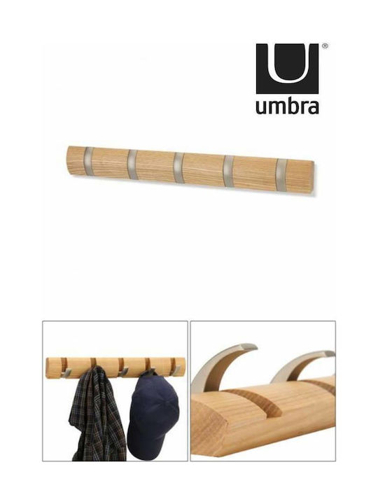 Umbra Wall Hanger Flip 5 Hook Natural Wooden 5 Hooks Brown 50.8x3.2x6.7cm