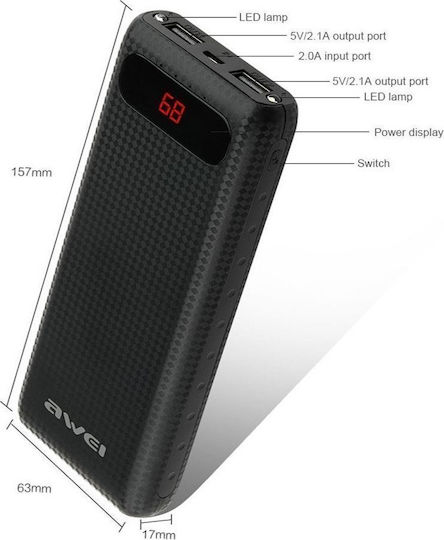 Awei P70K Power Bank 20000mAh with 2 USB-A Ports Black