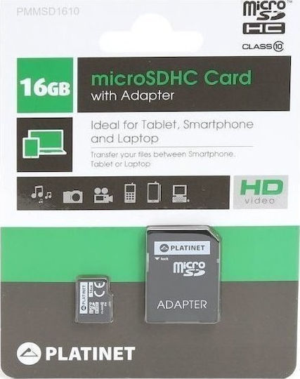 Platinet microSDHC 16GB Class 10 High Speed με αντάπτορα