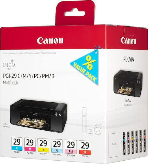 Canon PGI-29 Original Pack of 6 InkJet Printer Inks Photo Blue / Photo Magenta / Yellow / Cyan / Red / Magenta (4873B005)