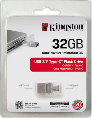 Kingston DataTraveler microDuo 3C 32GB USB 3.1 Stick mit Verbindung USB-A & USB-C Silber