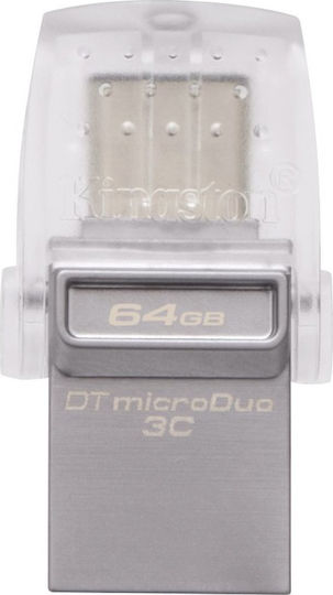 Kingston DataTraveler microDuo 3C 64GB USB 3.1 Stick με σύνδεση USB-A & USB-C Ασημί