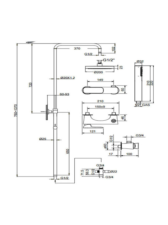 La Torre Laghi Adjustable Shower Column with Bathtub Mixer 83-144cm Silver
