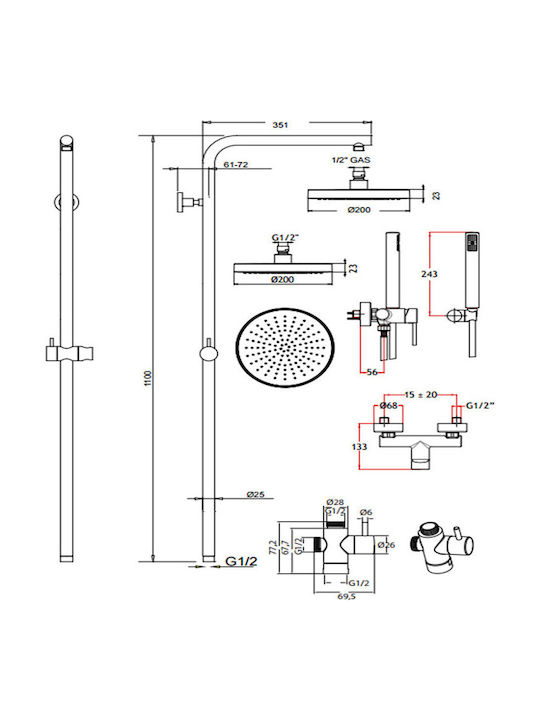 Eurorama Tonda Shower Column with Bathtub Mixer 117cm Silver