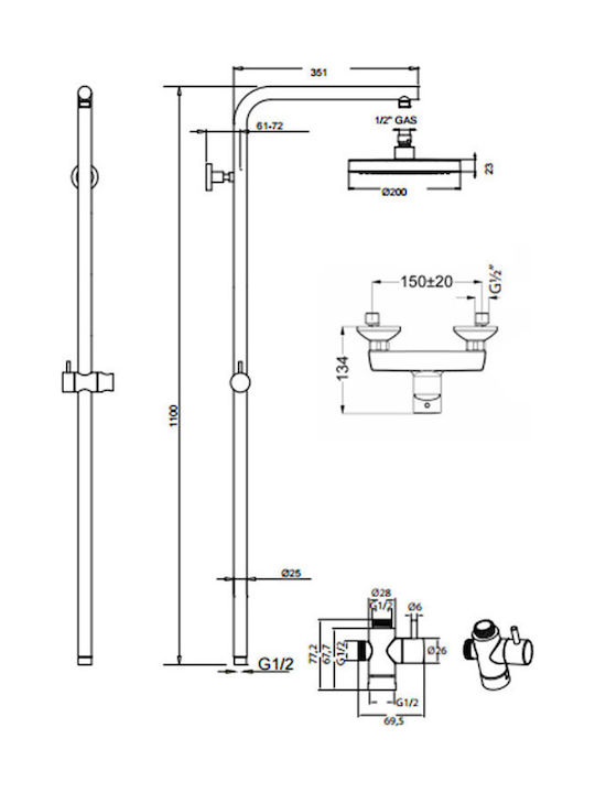 Eurorama Klint Shower Column with Bathtub Mixer 117cm Silver
