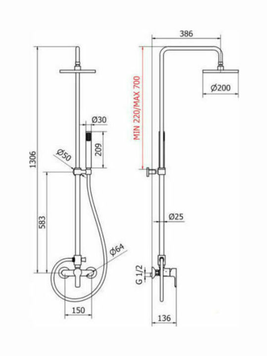 Teorema Tag Shower Column with Bathtub Mixer 130cm Silver