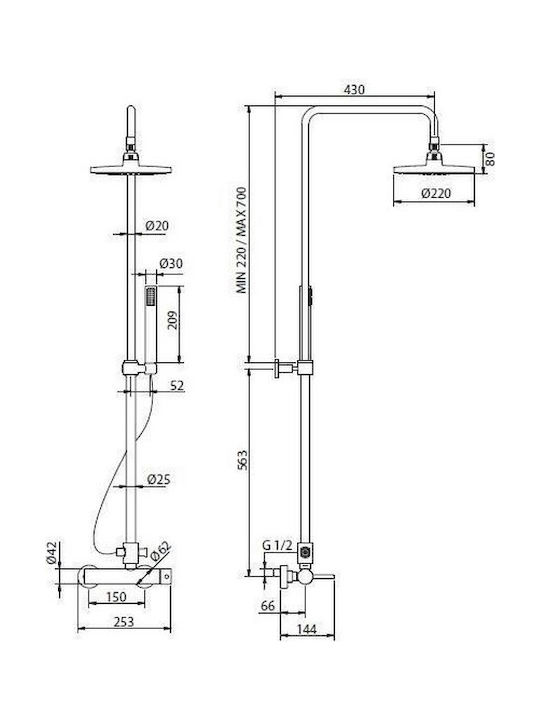 Teorema Tonda Coloană de duș cu Baterie 126.3cm Argint