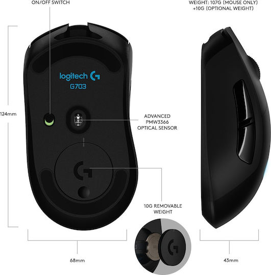 Logitech G703 Ασύρματο RGB Gaming Ποντίκι 12000 DPI Μαύρο