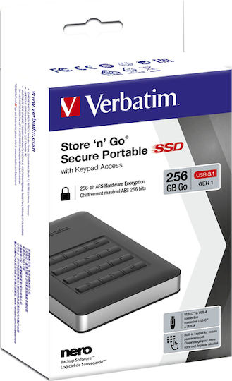 Verbatim Store 'n' Go Secure with Keypad Access USB 3.1 / USB-C Εξωτερικός SSD 256GB 2.5" Μαύρο