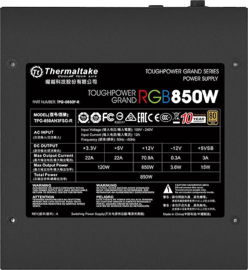 Thermaltake Toughpower Grand RGB 850W Τροφοδοτικό Υπολογιστή Full Modular 80 Plus Gold